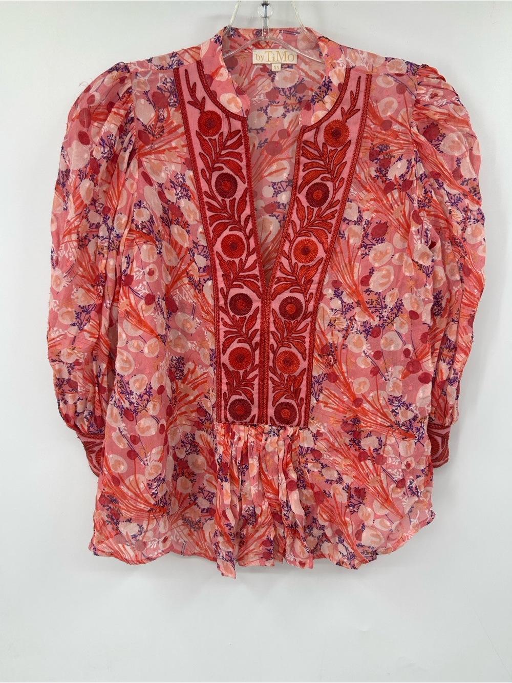 ByTimo Coral Floral Embroidered V-Neck Blouse Size XS